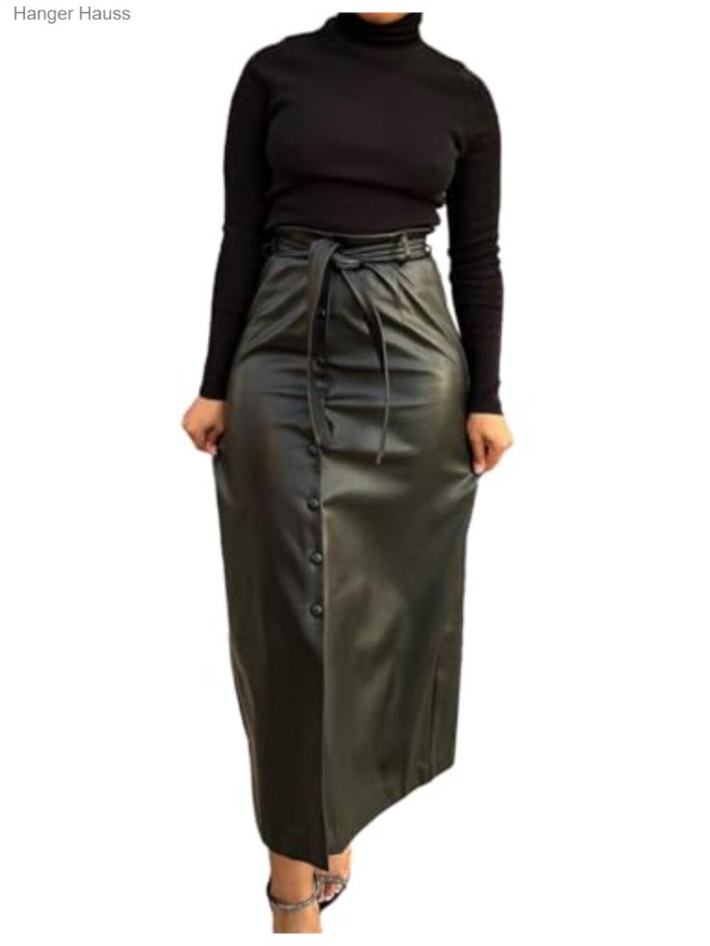 Faux PU Leather High Waisted Pencil Maxi Skirt with Belt